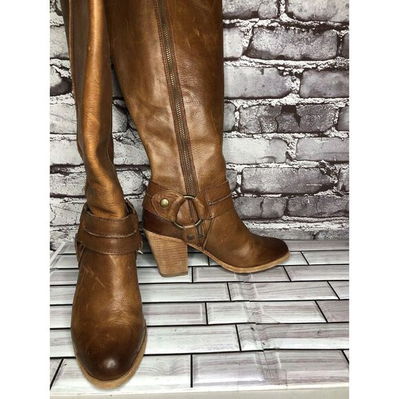 Frye Tan Brown Leather Harness Side Zipper Heel Boots Women Sz 6M US/37EU - Picture 2 of 15